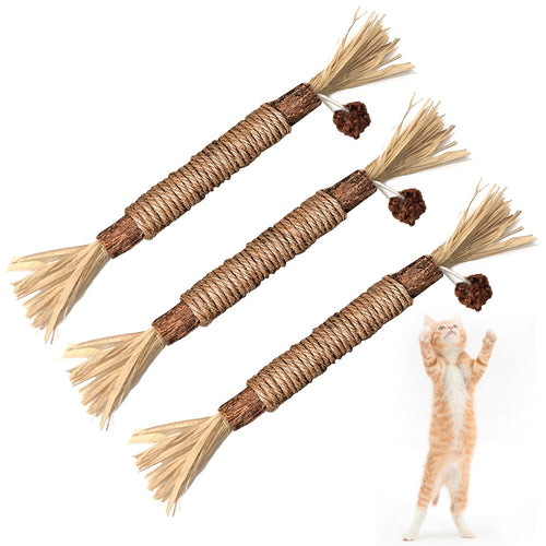 Three natural Silvervine cat chew sticks with rope and raffia tassels