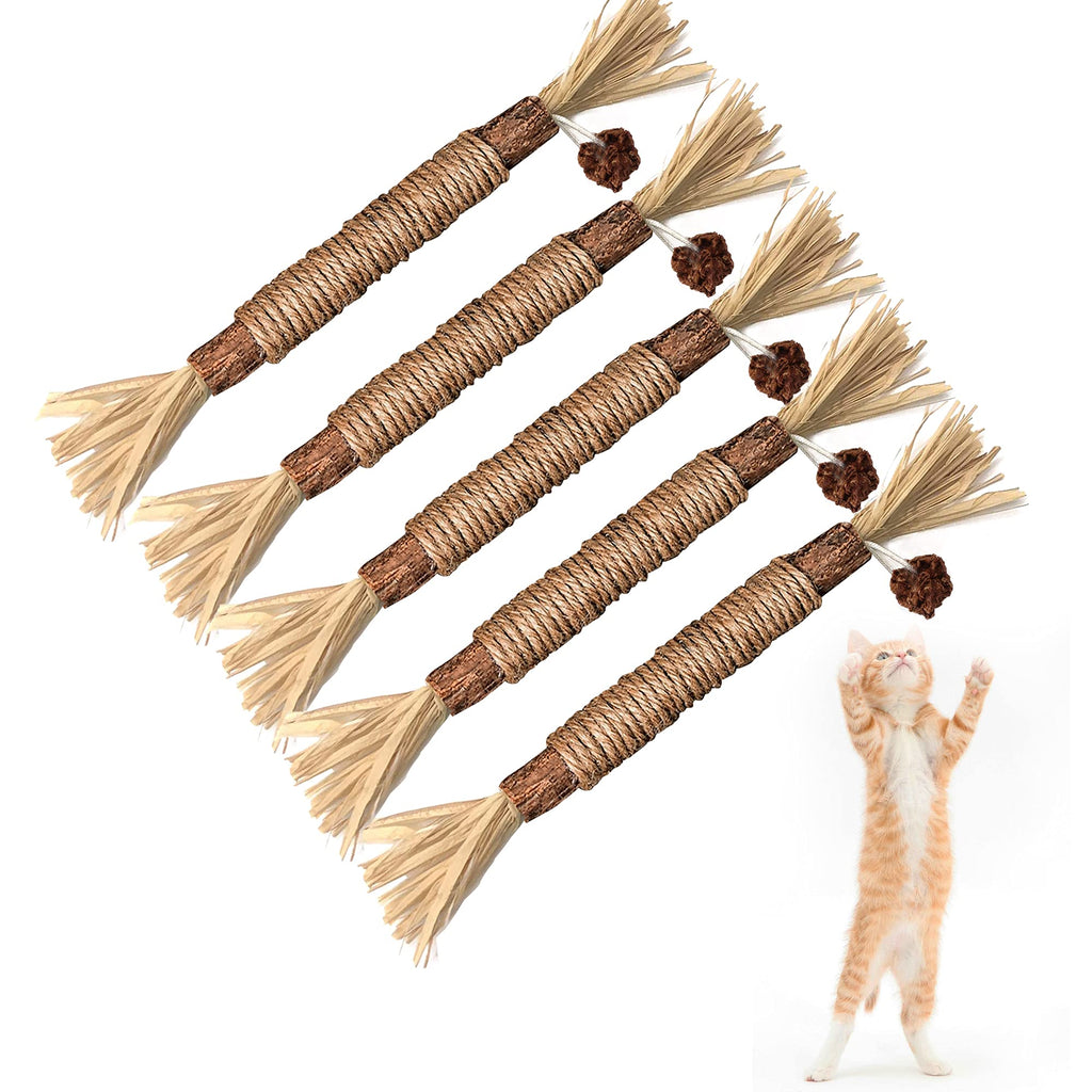 Five natural Silvervine cat chew sticks with rope and raffia tassels